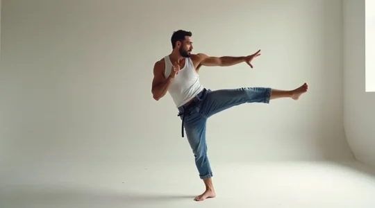 Photo réaliste d'une personne pratiquant le body combat dans un studio avec un éclairage cinématographique et un arrière-plan neutre épuré