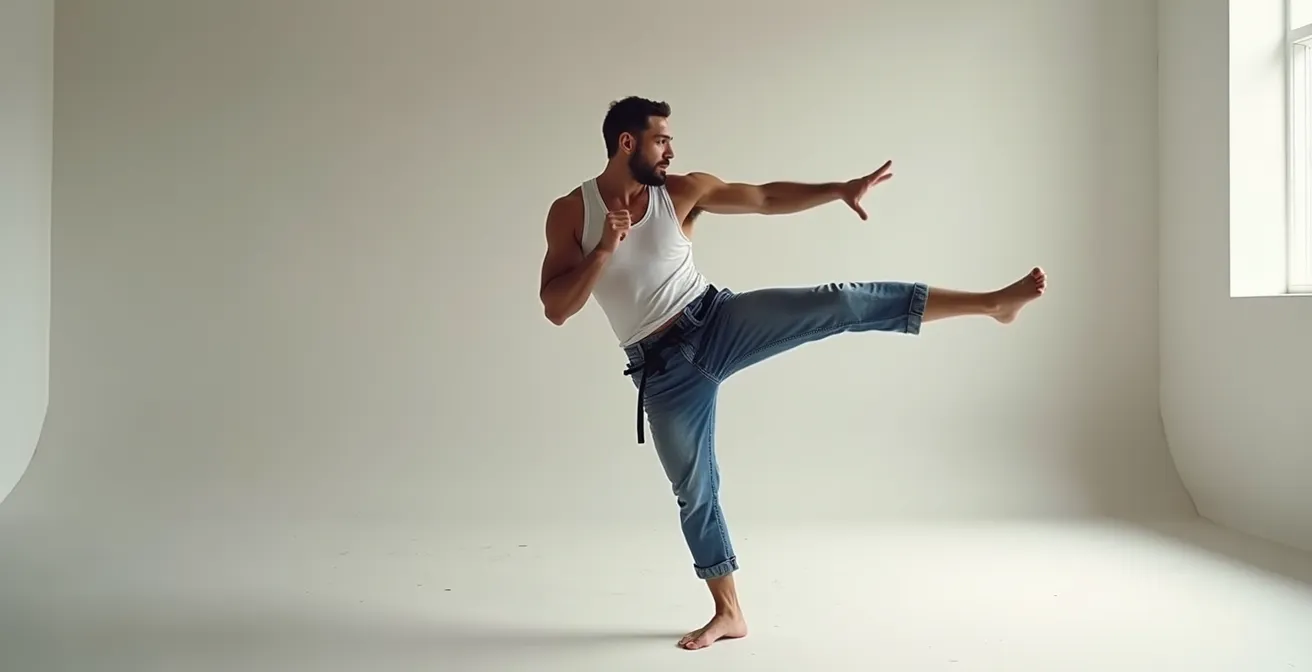 Photo réaliste d'une personne pratiquant le body combat dans un studio avec un éclairage cinématographique et un arrière-plan neutre épuré