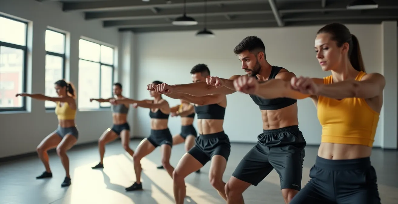 Photo réaliste d'un groupe de personnes pratiquant le Body Combat en salle avec énergie et synchronisation