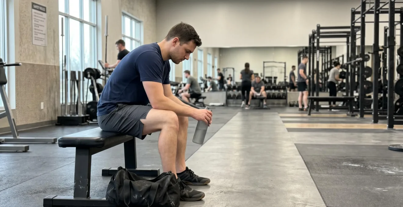 Personne assise seule sur un banc de salle de sport dans une posture contemplative, sac de sport à côté, lumière naturelle