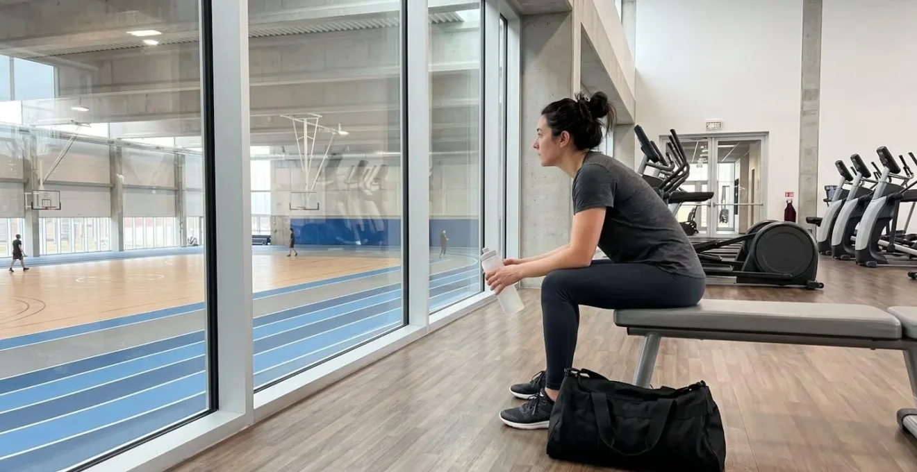 Personne assise seule sur un banc de salle de sport dans une posture contemplative, sac de sport à côté, lumière naturelle